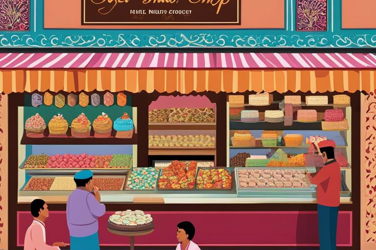 An illustration of a bustling shop with people in front, showcasing the sweet success of Kud, Kashmir's premier sweet-making hub